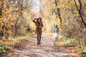 Junge Frau mit Hund wandert an einem herrlichen Herbsttag in der Pfalz